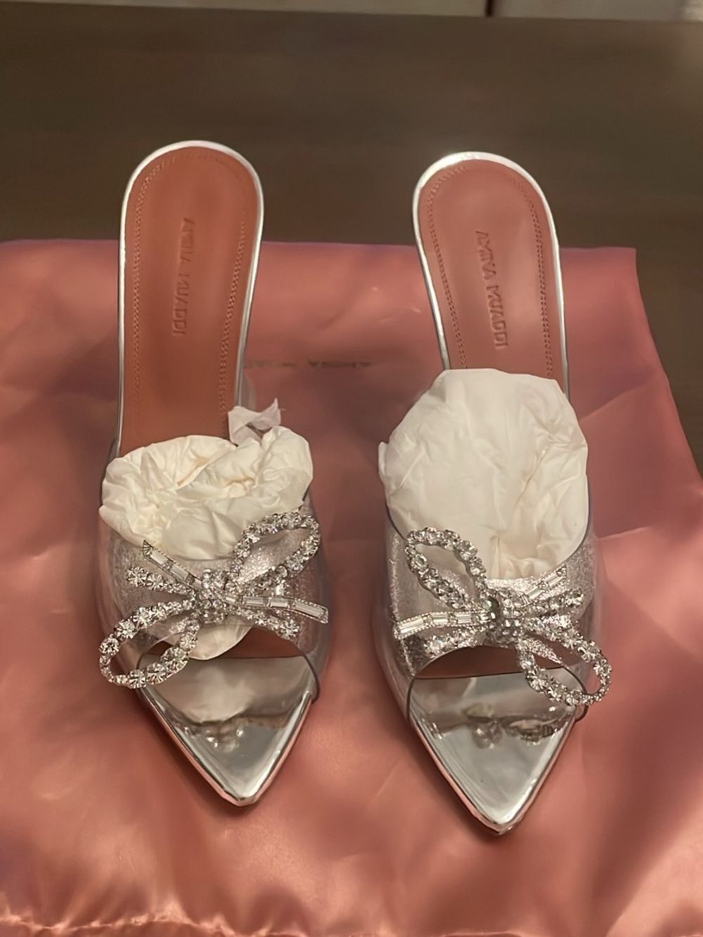 Amina Muaddi Metallic Silver Pointed Mule with Crystal Bow 37 1/2